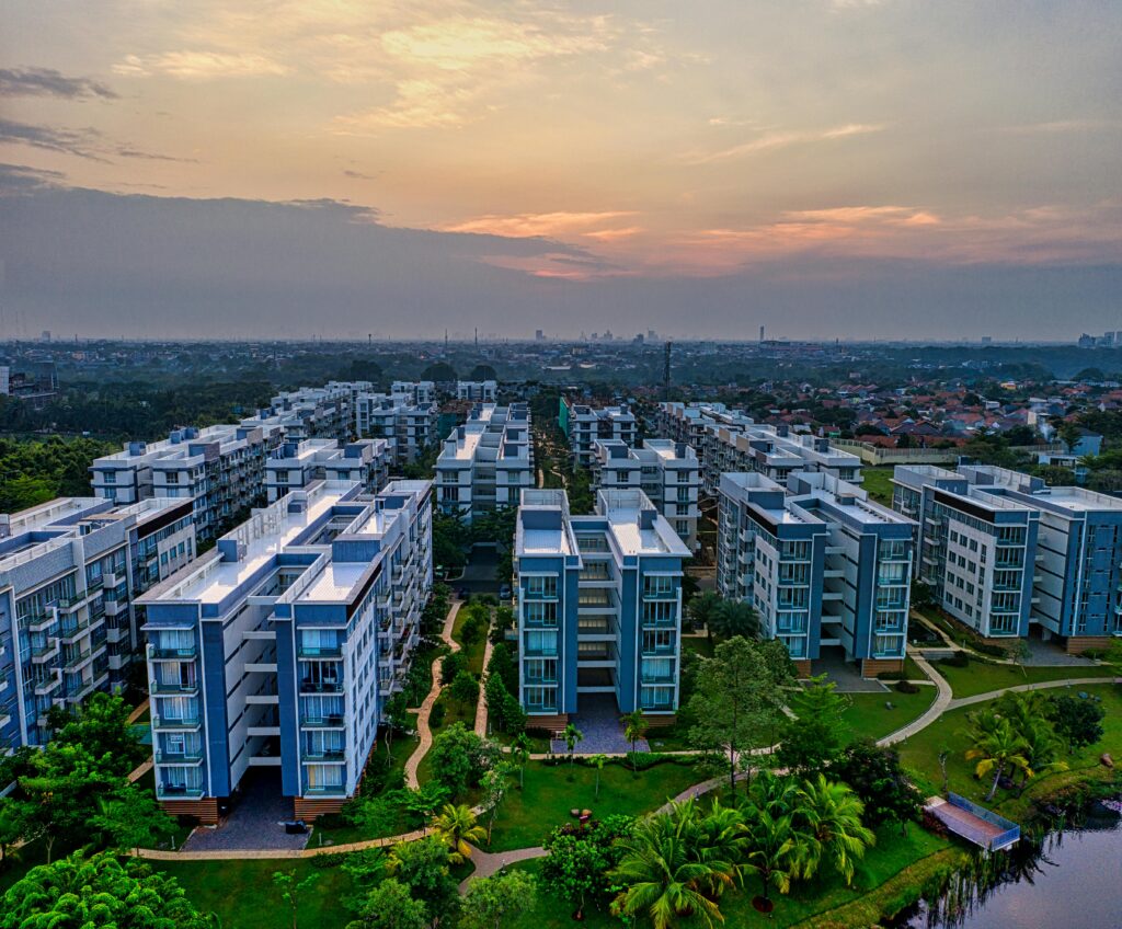 Aerial view of a modern residential complex in Banten, Indonesia during sunset.