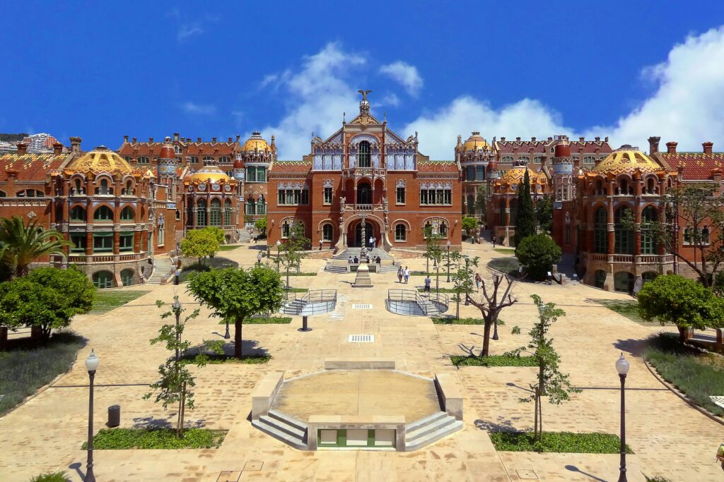 Stunning view of the historic Sant Pau Hospital, a UNESCO World Heritage Site in Barcelona.